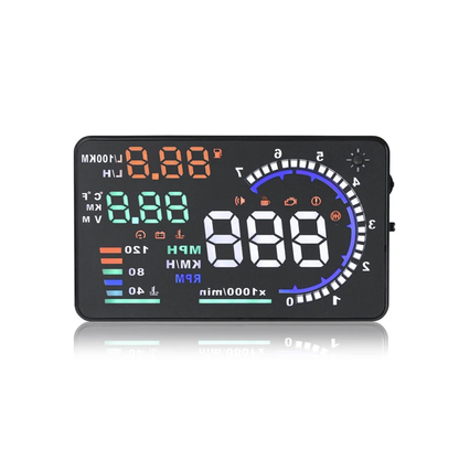Digital car HUD display with colorful numbers and icons; black background, vibrant LEDs.