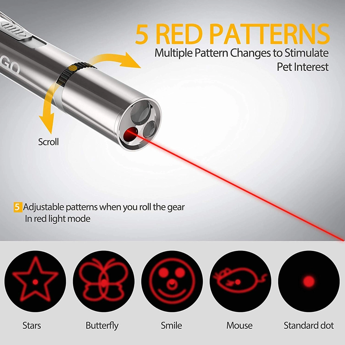 Silver laser pen with five red patterns: star, butterfly, smile, mouse, and dot.