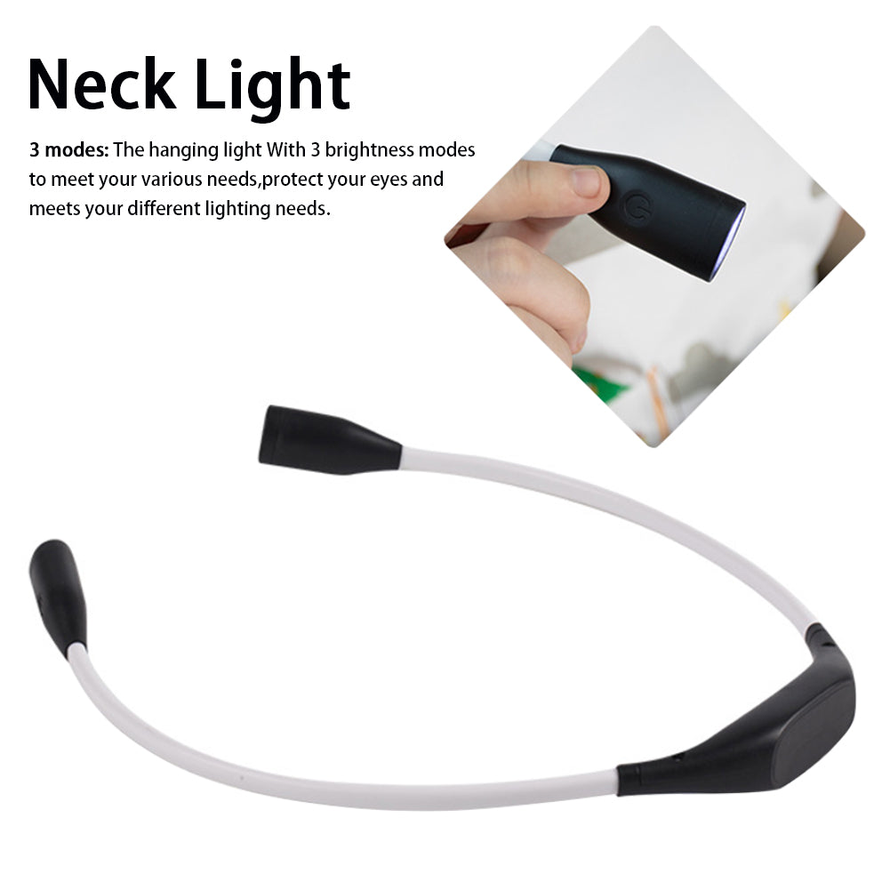 Black and white flexible neck light, close-up shows a brightness control button.