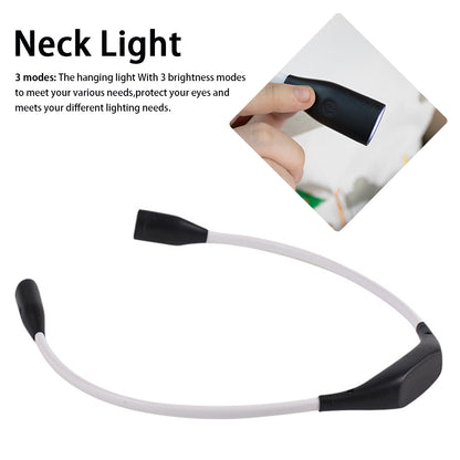Black and white flexible neck light, close-up shows a brightness control button.