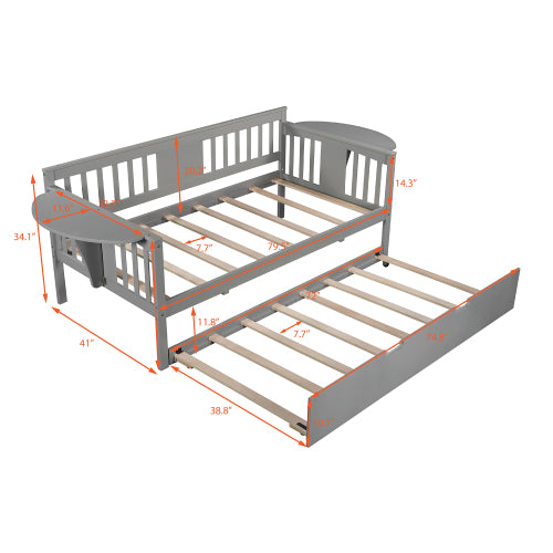 Gray wooden daybed with slatted frame, pull-out trundle, and red measurement lines.