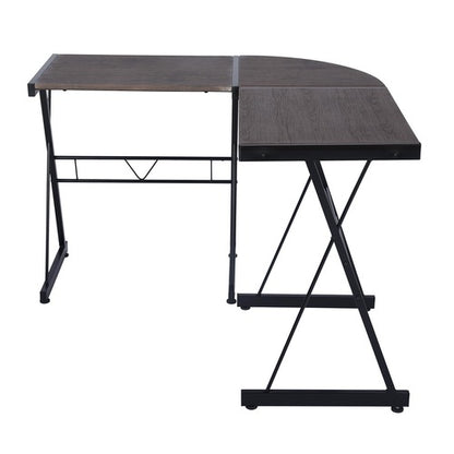L-shaped wooden desk with black metal frame and X-shaped supports, featuring a dark brown surface.