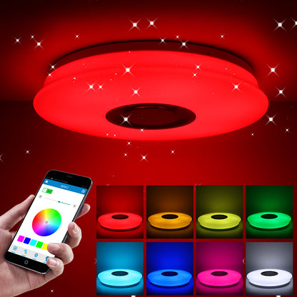 Red ceiling light with app control and options for different colors shown in smaller images below.
