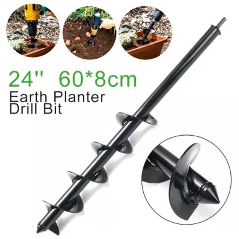 Black earth planter drill bit, 24 inches, with spiral design; use in soil shown in small photos.