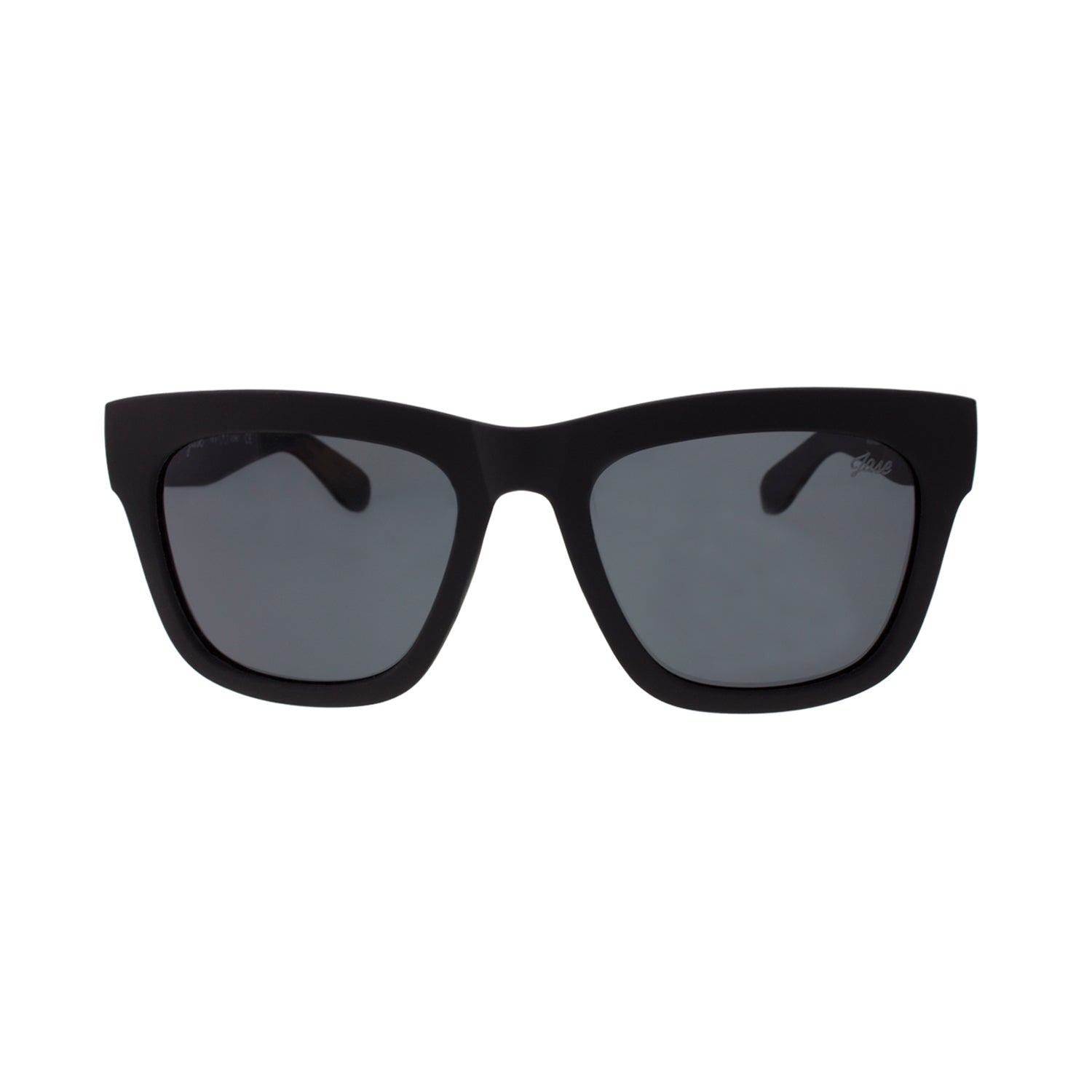 Black square sunglasses with dark lenses and a glossy finish, set against a white background.