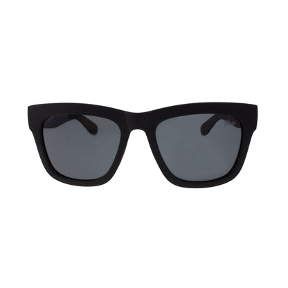Black square sunglasses with dark lenses and a glossy finish, set against a white background.