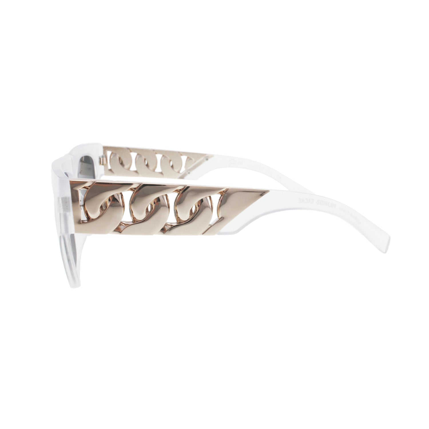 Clear sunglasses with wide white arms featuring a gold chain design.
