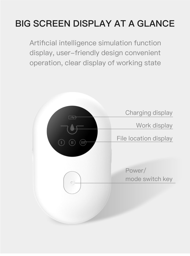 White device with black circular display showing charging, work, file indicators, and power switch.