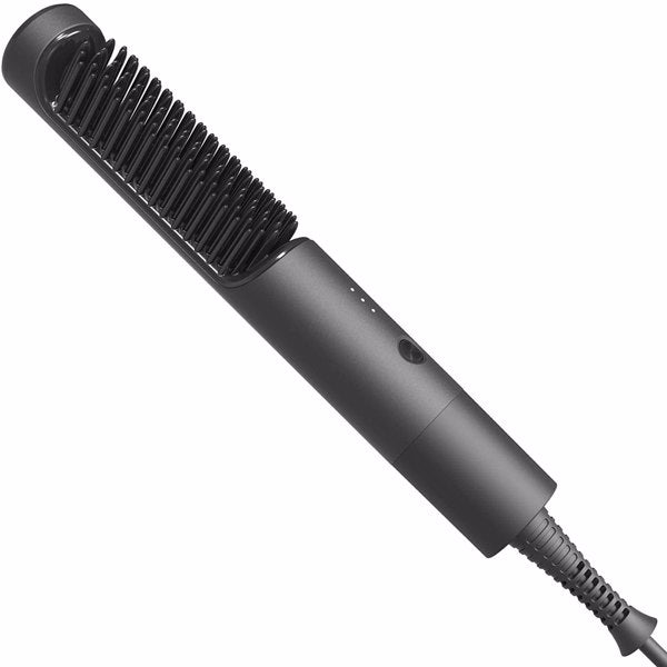 Black electric hairbrush with a sleek handle, bristles, and a power cord attached.