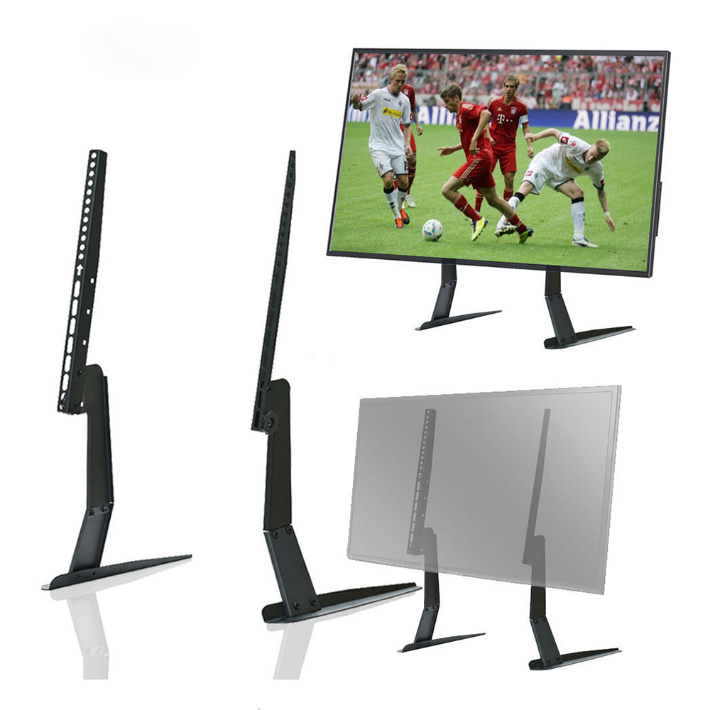 Adjustable black metal TV stand with side and back views, shows screen displaying soccer scene.