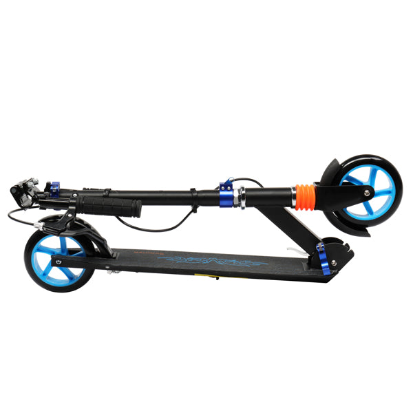 Folded black scooter with blue wheels, orange suspension, and blue accents on a white background.