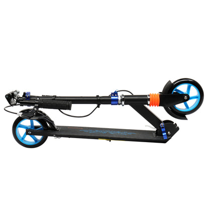 Folded black scooter with blue wheels, orange suspension, and blue accents on a white background.