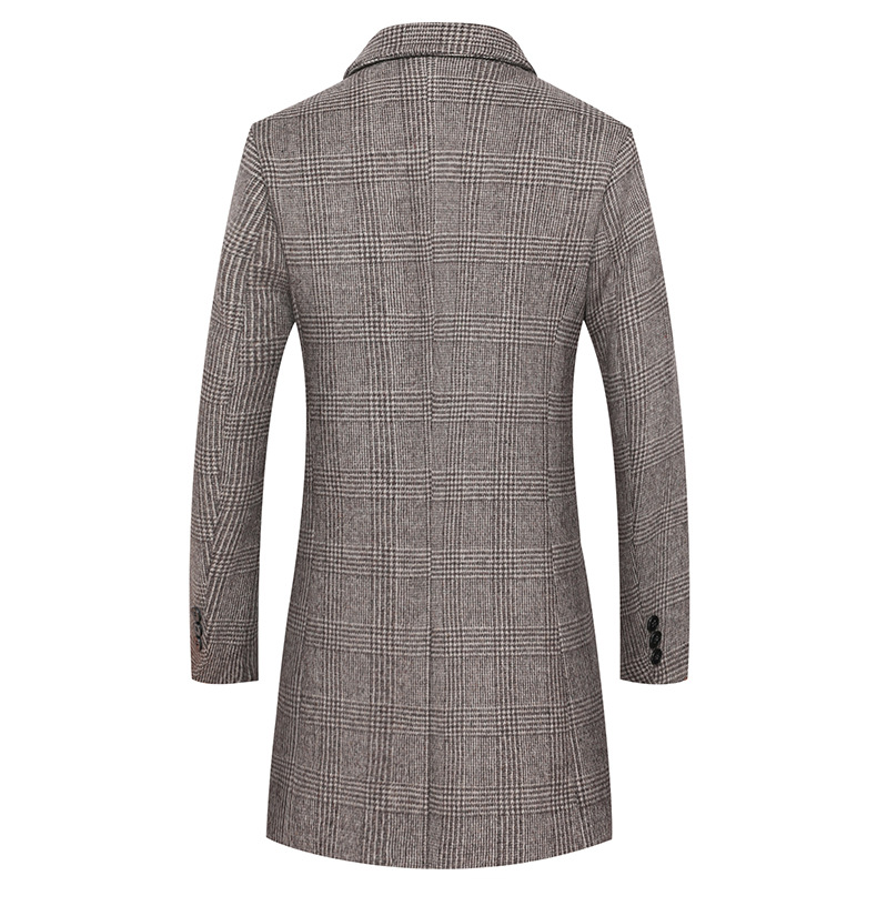 Gray plaid blazer with long sleeves, back view, featuring a checkered pattern and three-button cuffs.