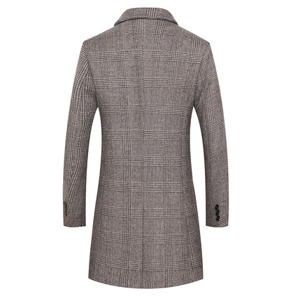Gray plaid blazer with long sleeves, back view, featuring a checkered pattern and three-button cuffs.