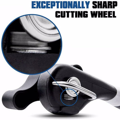 Close-up of a black can opener with a sharp cutting wheel and magnified detail circle.
