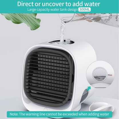 White cube-shaped humidifier with black grill being filled with water marked "300ML."