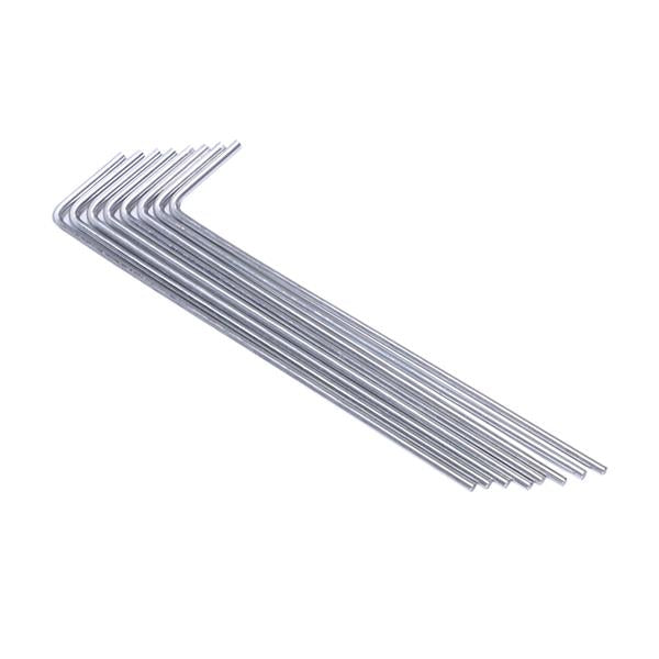 Silver L-shaped metal rods aligned in a row against a plain white background.