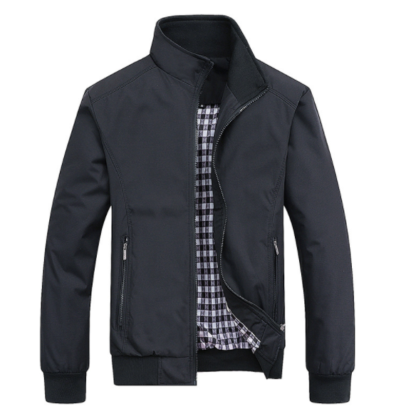 Black jacket with plaid lining, open zipper, high collar, and zipped side pockets.