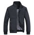 Black jacket with plaid lining, open zipper, high collar, and zipped side pockets.