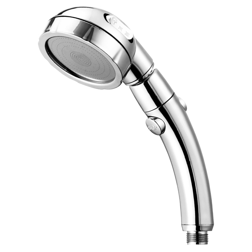 Chrome handheld shower head with a sleek, curved handle and round spray face.
