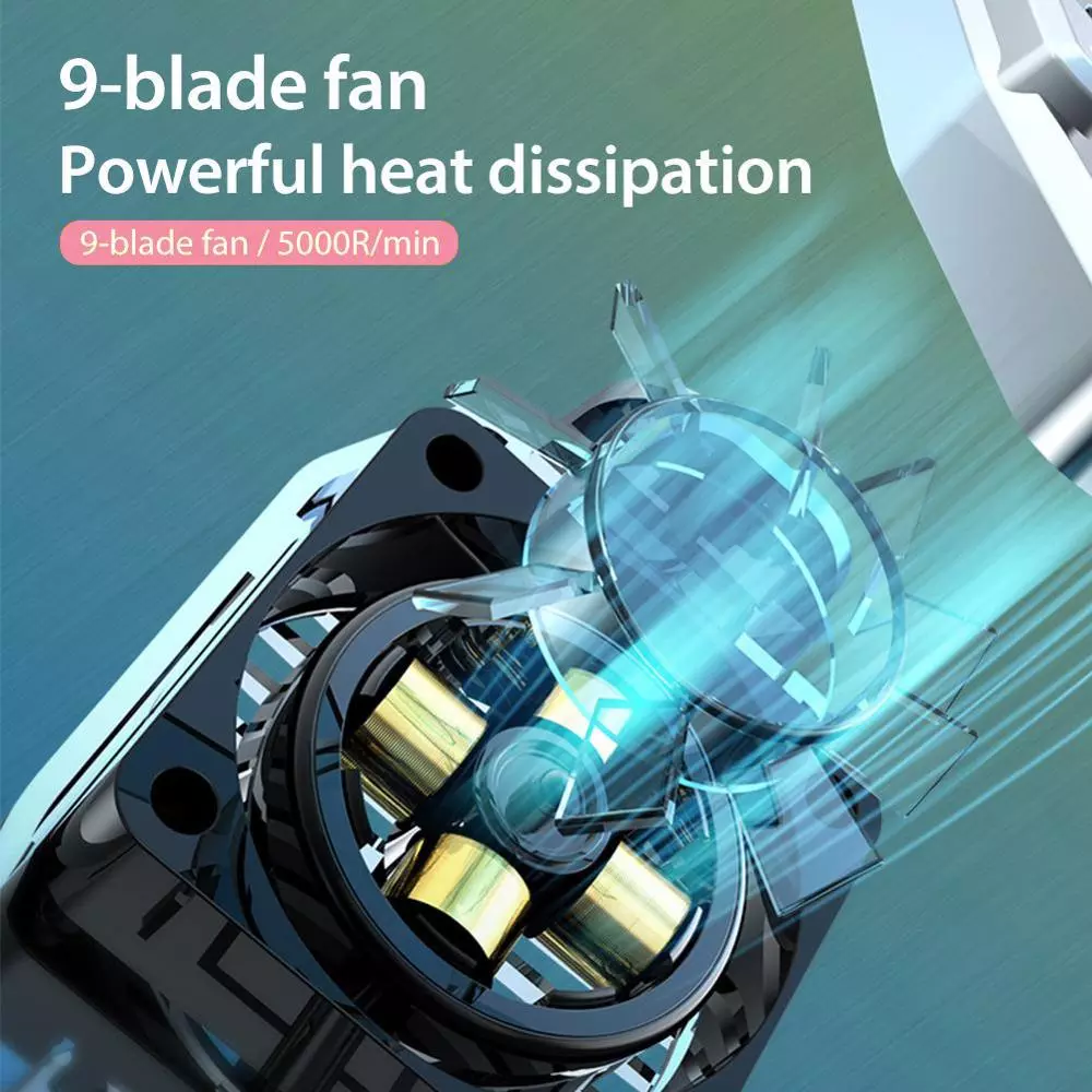 9-blade fan image with blue and gold elements, illustrating powerful heat dissipation.