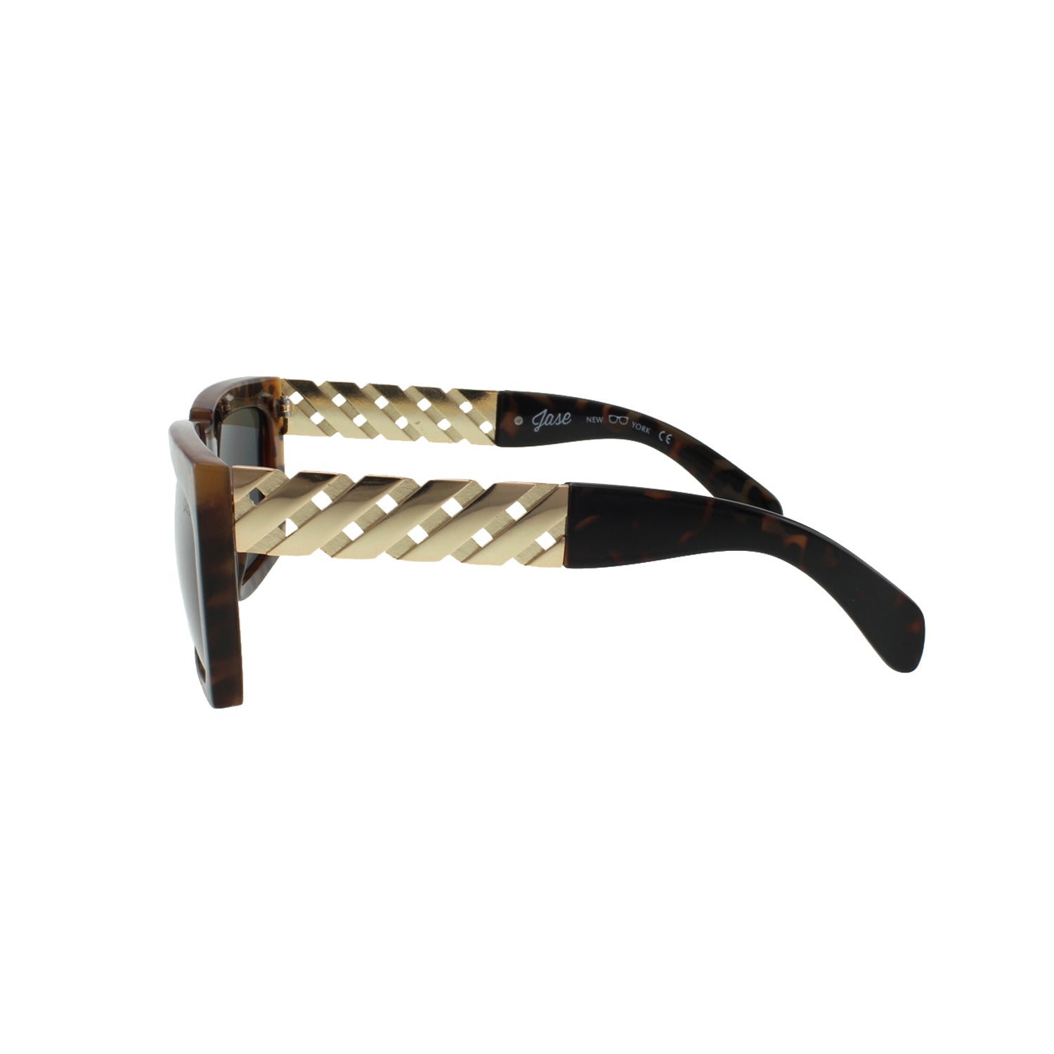 Brown tortoiseshell sunglasses with woven gold accents on the arms.