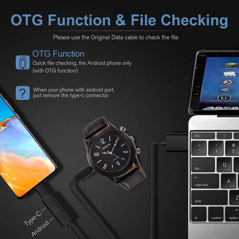 Smartwatch, phone, and laptop connected via cables on a black background with OTG instructions.