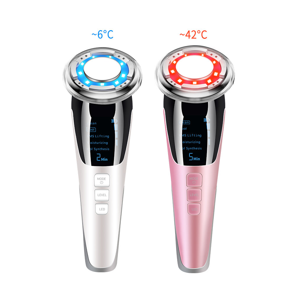 Two handheld devices; left is white with blue lights, right is pink with red lights.