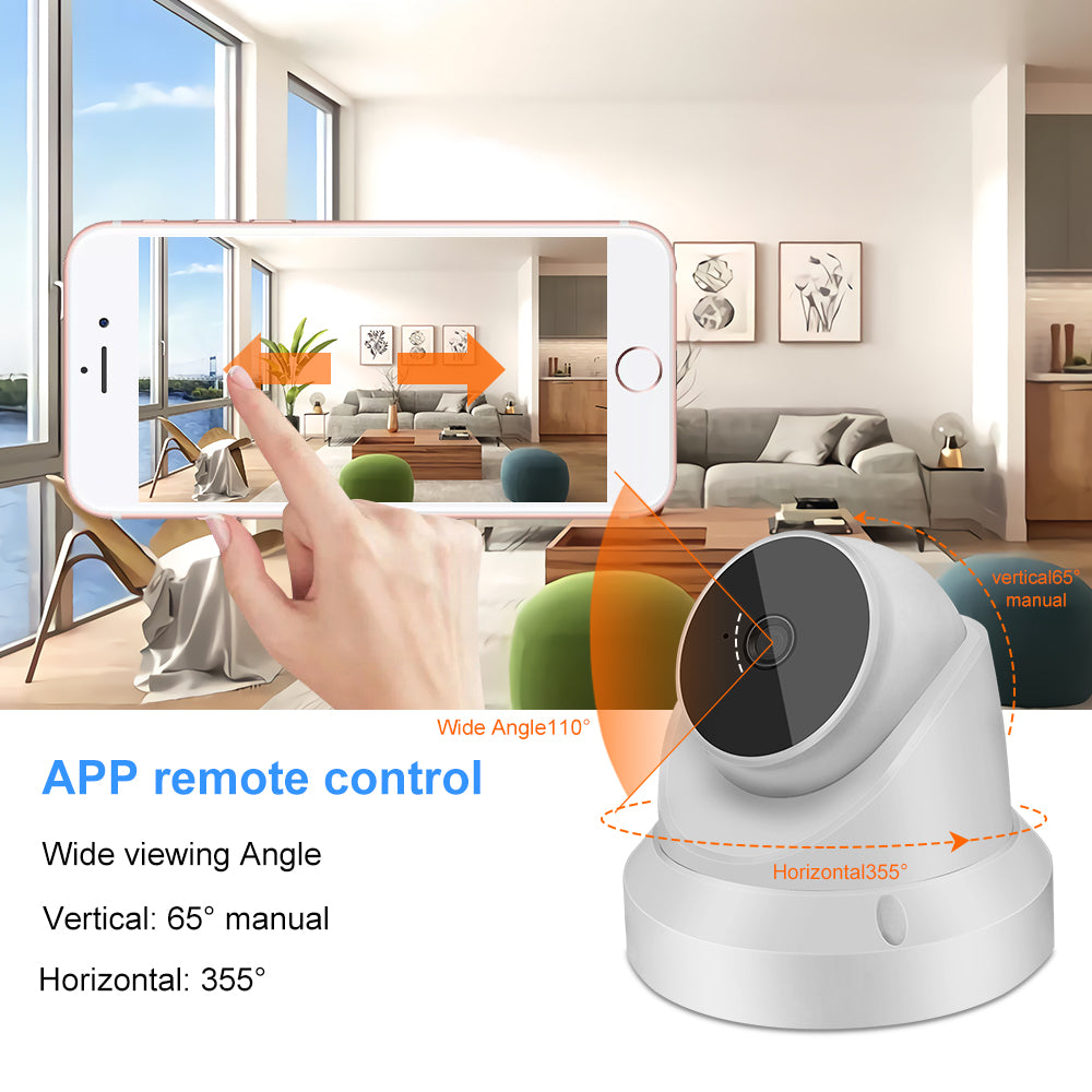 Smart camera in a modern living room, controlled via smartphone app, showing wide viewing angles.