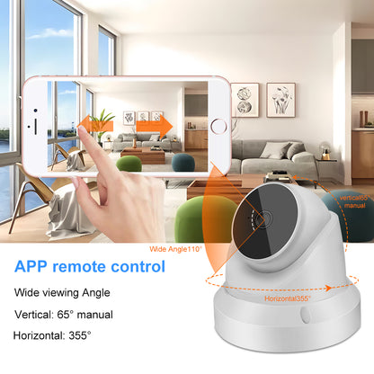 Smart camera in a modern living room, controlled via smartphone app, showing wide viewing angles.