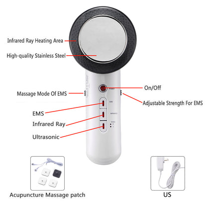 Handheld white device with stainless steel infrared head, labeled controls, and accessories.