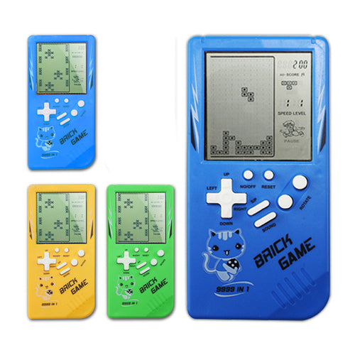 Four handheld brick game consoles in blue, yellow, green, and blue, each with a cat graphic.
