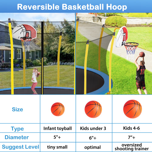 Reversible basketball hoop on trampoline, blue sky, green grass, two kids playing, yellow poles.