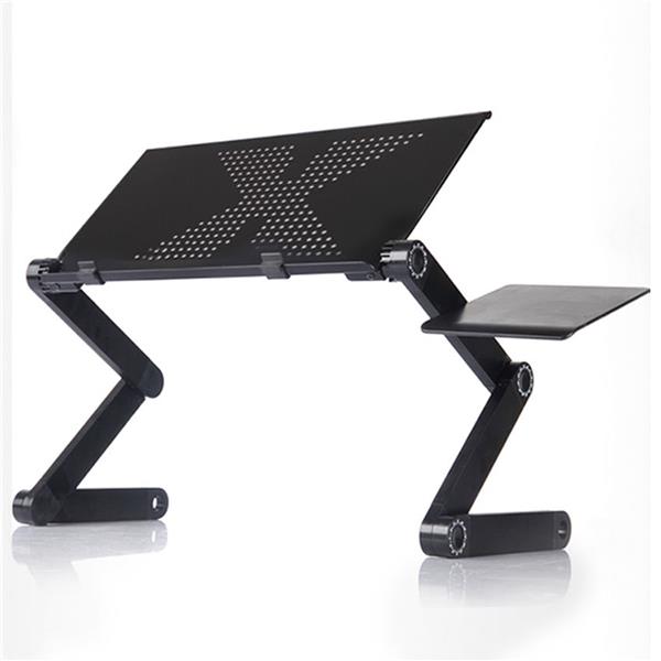 Adjustable black laptop stand with "X" vents, angled main surface, and a smaller side tray.