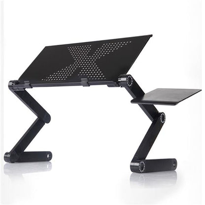 Adjustable black laptop stand with "X" vents, angled main surface, and a smaller side tray.