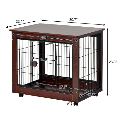 Wooden dog crate with metal bars, dimensions labeled. Brown finish, rectangular shape.