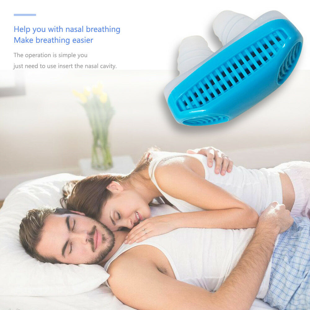 Man and woman sleeping peacefully on a bed, image of a blue nasal breathing aid above.