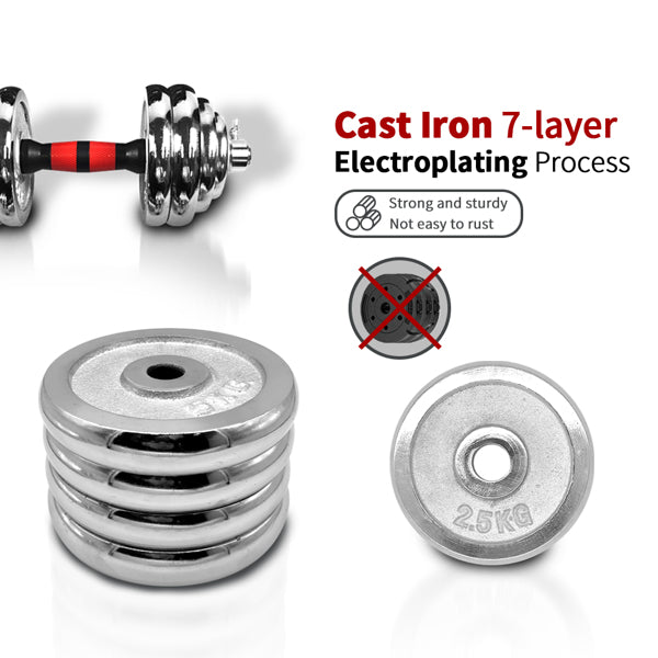 Chrome dumbbell set with red and black grip, highlighting its sturdy, rust-resistant design.