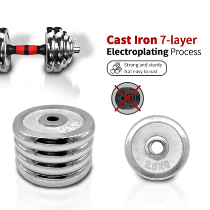 Chrome dumbbell set with red and black grip, highlighting its sturdy, rust-resistant design.