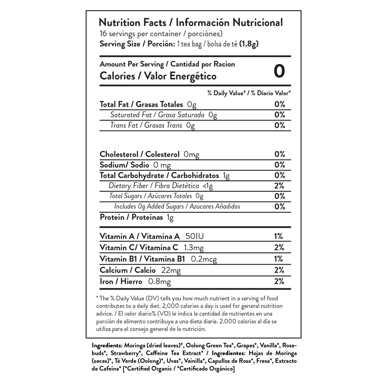Bilingual nutrition facts label for tea with 0 calories, listing vitamins and ingredients.