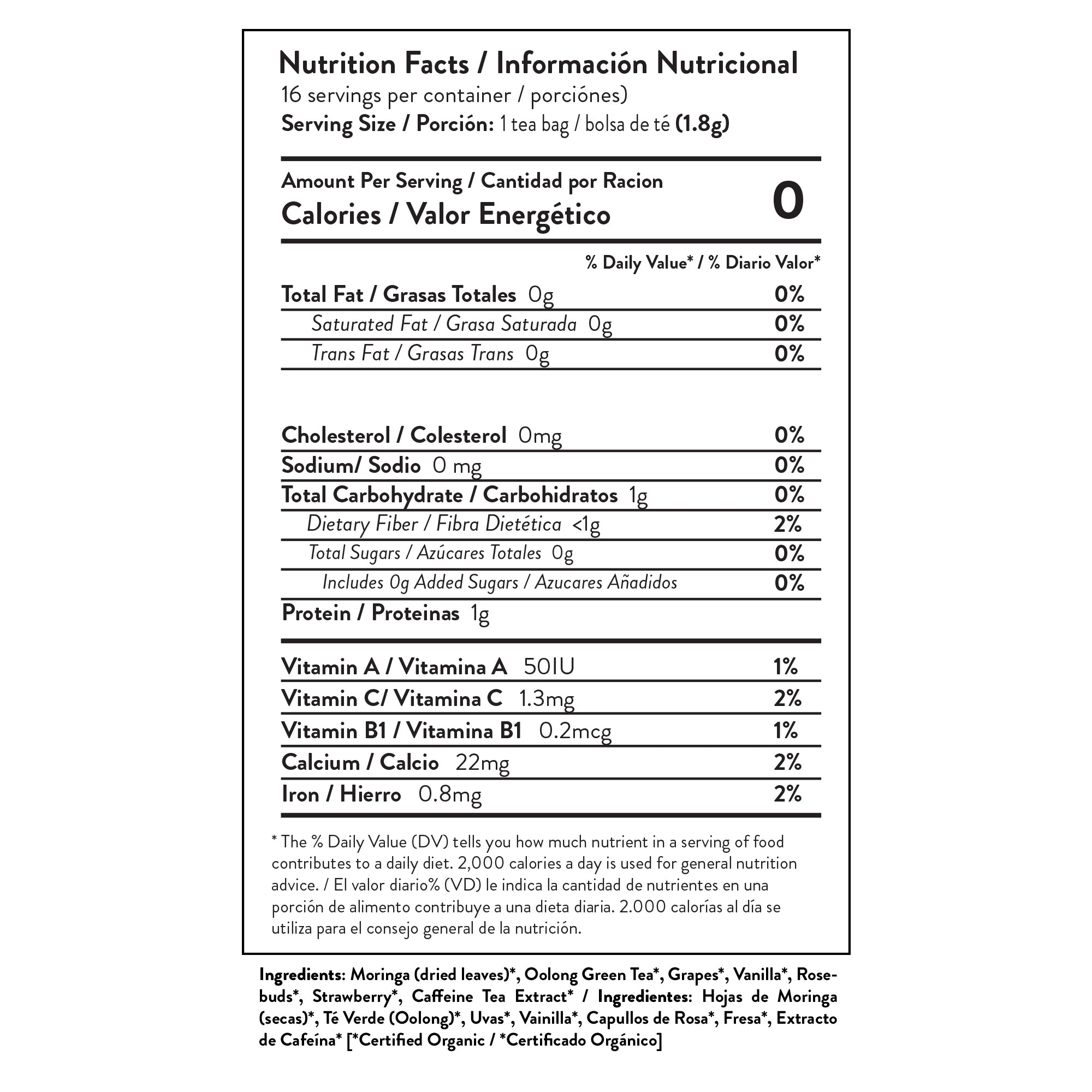 Bilingual nutrition facts label for tea with 0 calories, listing vitamins and ingredients.