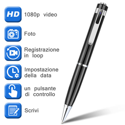 Black pen with silver accents, featuring Italian text and blue icons for video and photo functions.
