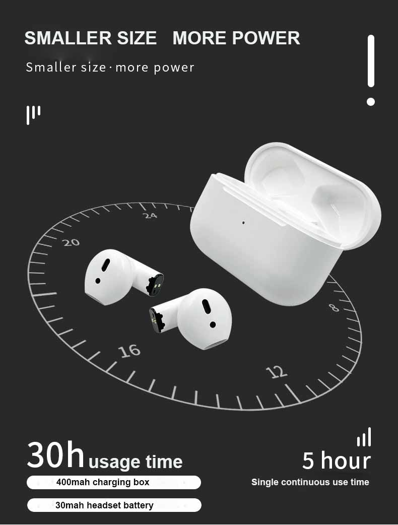 White wireless earbuds with an open charging case on a dark background, featuring text on usage time.