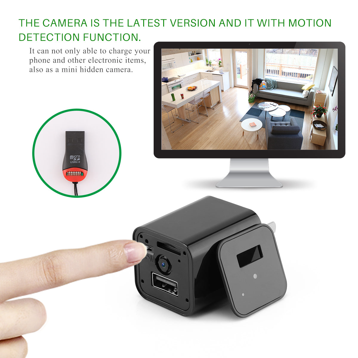 Black mini camera with USB charger, motion detection; monitor shows room view; finger pointing.