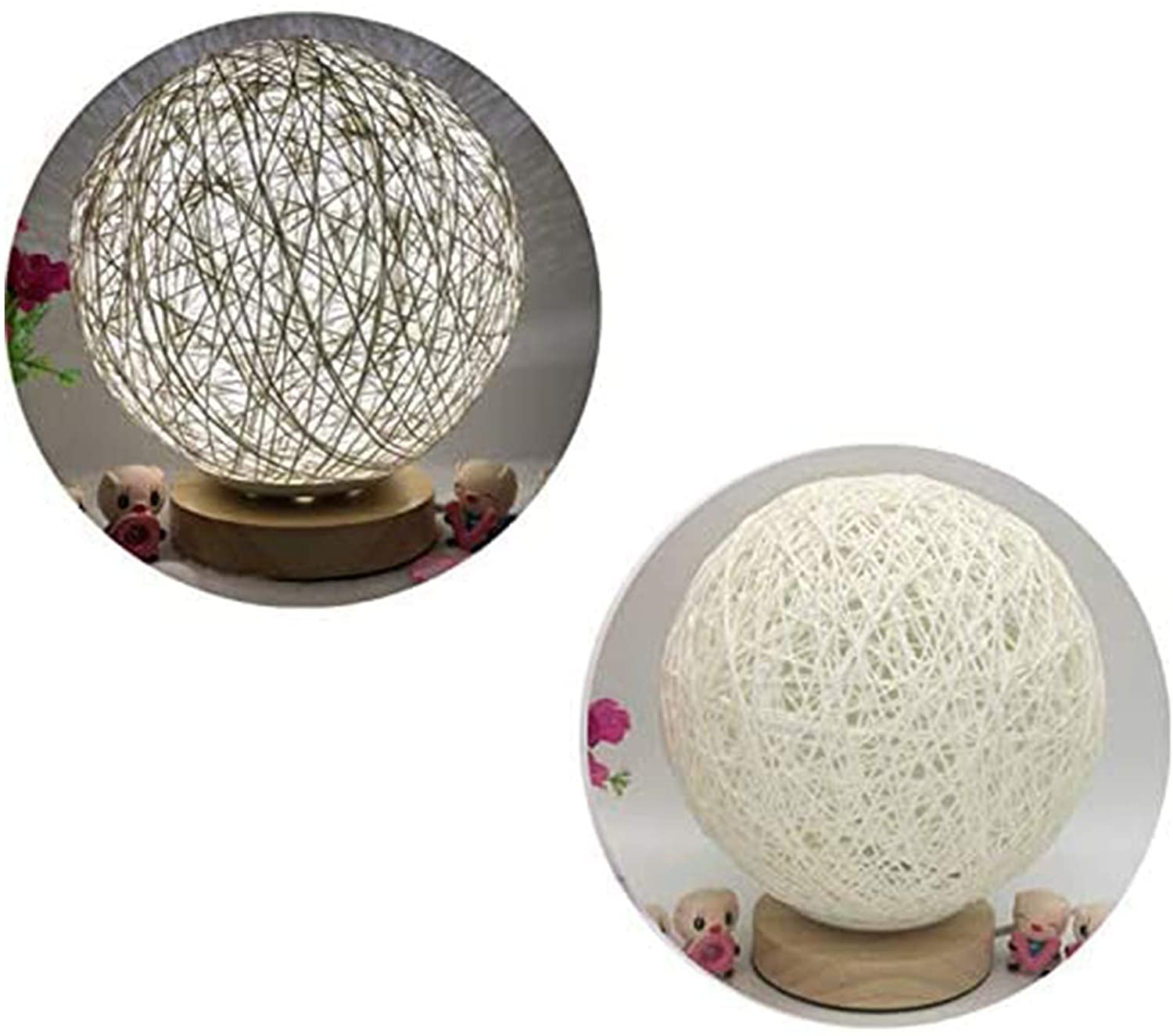 Two round string lights on wooden bases; one lit and glowing, the other unlit.