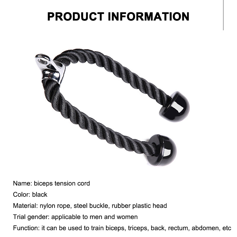 Black rope with rubber ends and metal buckle, labeled as biceps tension cord for exercise.