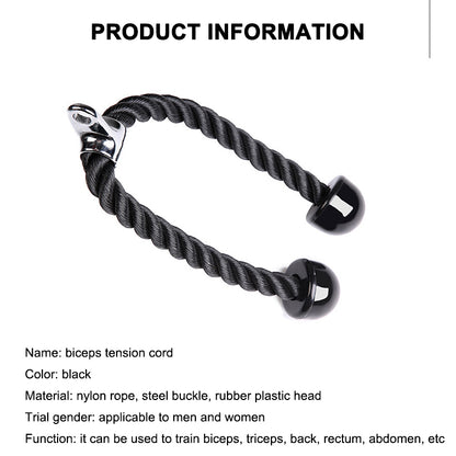 Black rope with rubber ends and metal buckle, labeled as biceps tension cord for exercise.