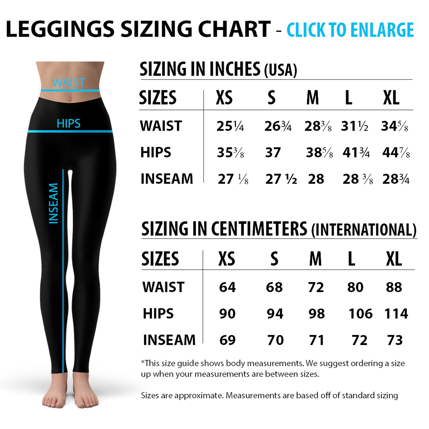 Leggings sizing chart showing waist, hips, and inseam in inches and centimeters for sizes XS to XL.