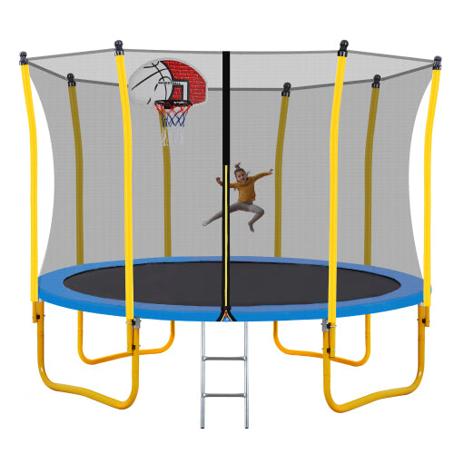 Child jumping on a blue trampoline with yellow poles, safety net, and attached basketball hoop.
