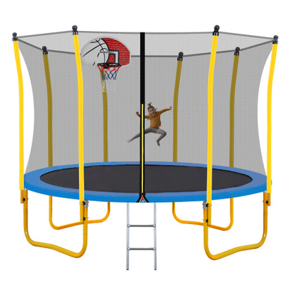 Child jumping on a blue trampoline with yellow poles, safety net, and attached basketball hoop.